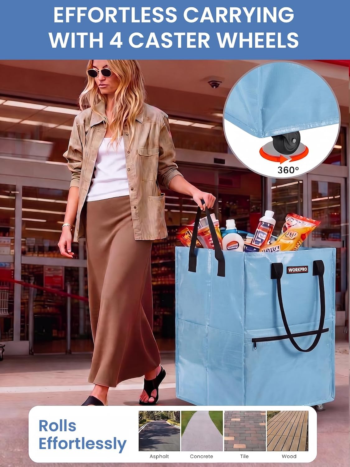 WORKPRO Medium Rolling Grocery Bag, 18-Gallon Tote with 4 Wheels, 75 lbs Capacity, Dual Carry, Wide Zipper & Extra Storage for Shopping, Laundry & Moving - Image 4