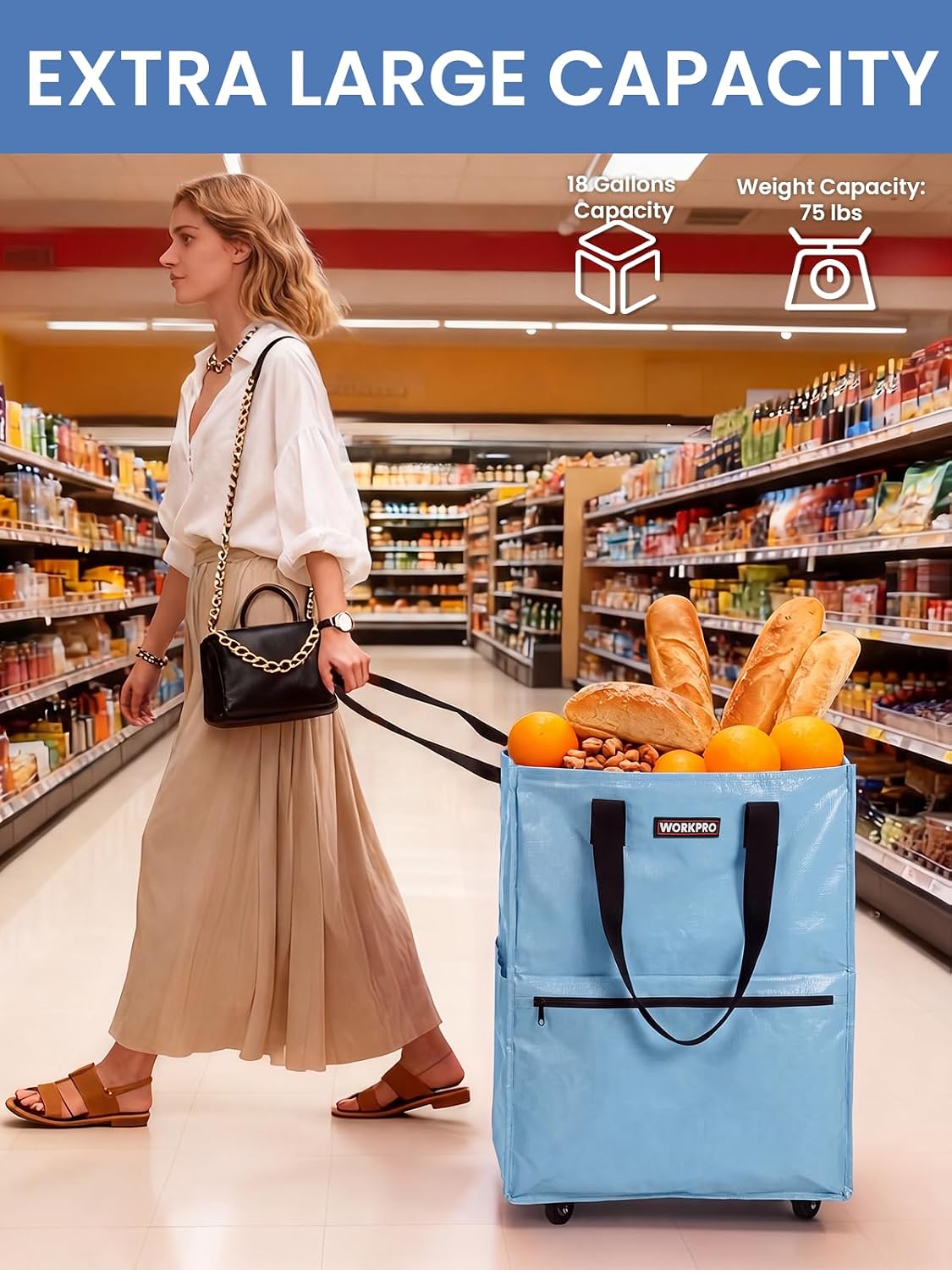 WORKPRO Medium Rolling Grocery Bag, 18-Gallon Tote with 4 Wheels, 75 lbs Capacity, Dual Carry, Wide Zipper & Extra Storage for Shopping, Laundry & Moving - Image 6