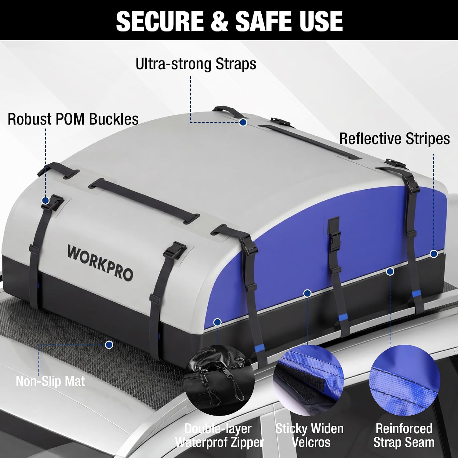 WORKPRO 21 Cubic Feet Rooftop Cargo Carrier Roof Bag, Waterproof Roof Rack Cargo Carrier for Vehicles with/Without Rack, Heavy Duty 840D PVC, Includes Anti-Slip Mat, 6 Door Hooks and Storage Bag - Image 4
