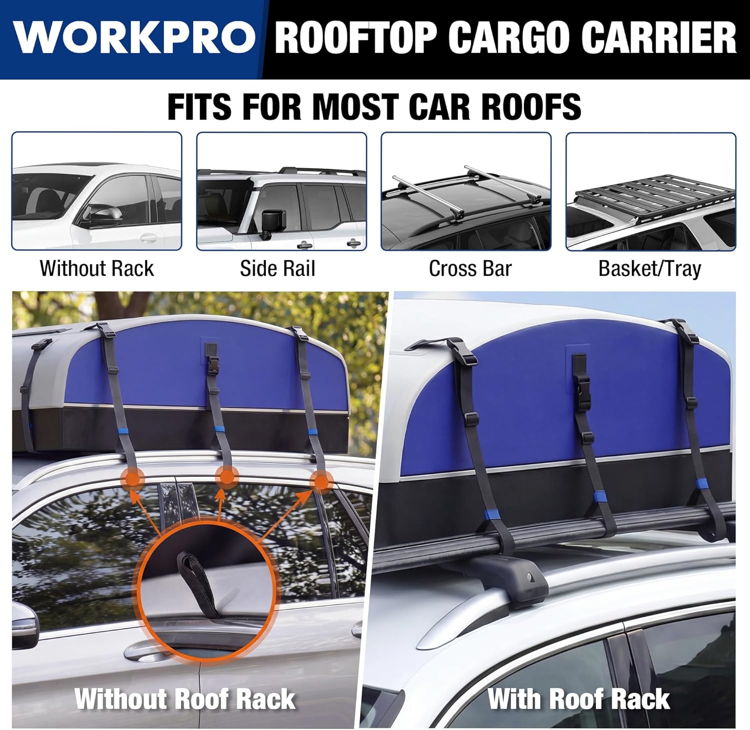 WORKPRO 21 Cubic Feet Rooftop Cargo Carrier Roof Bag, Waterproof Roof Rack Cargo Carrier for Vehicles with/Without Rack, Heavy Duty 840D PVC, Includes Anti-Slip Mat, 6 Door Hooks and Storage Bag - Image 5