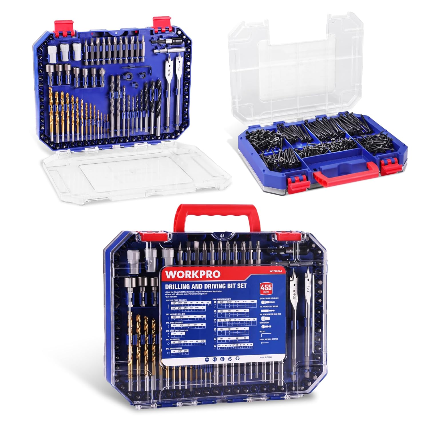 WORKPRO 105Pcs Drill & Driver Bit Set + 350 Screws, Kit for Home & Masonry | Clear-Lid Storage Case, 1/4" Hex Shank, HSS Twist Drill Bits, Magnetic Bit Holder, for Wood Metal Plastic Concrete Masonry