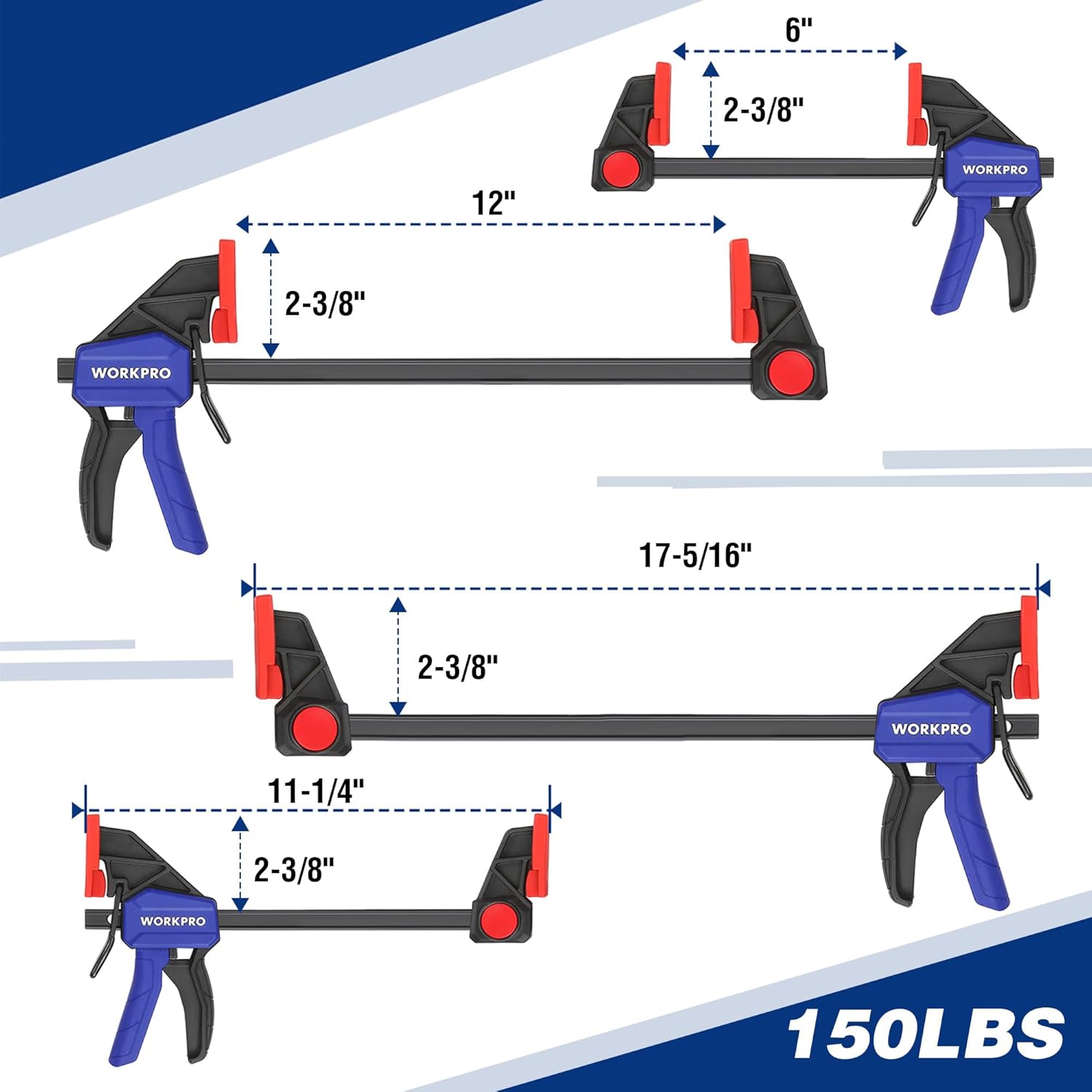WORKPRO 10-Pack Bar Clamps for Woodworking, 6-Inch (2) Mini & (2) Light Duty and 12-Inch (2) Wood Clamps & 4-1/2-Inch (4) Spring Clamps, F Clamp with 50/150 LBS Load Limited - Image 2