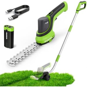 WORKPRO 7.2V Handheld Grass Trimmer, 2-in-1 Cordless Hedge Trimmer & Grass Shears with 44.5&rdquo; Wheeled Extension Pole, 2Ah Battery, Shrub Trimmer for Lawn Edging, Garden, Yard & Hedge Trimming