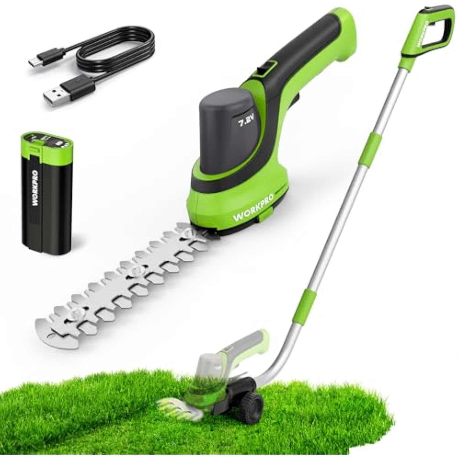 WORKPRO 7.2V Handheld Grass Trimmer, 2-in-1 Cordless Hedge Trimmer & Grass Shears with 44.5” Wheeled Extension Pole, 2Ah Battery, Shrub Trimmer for Lawn Edging, Garden, Yard & Hedge Trimming