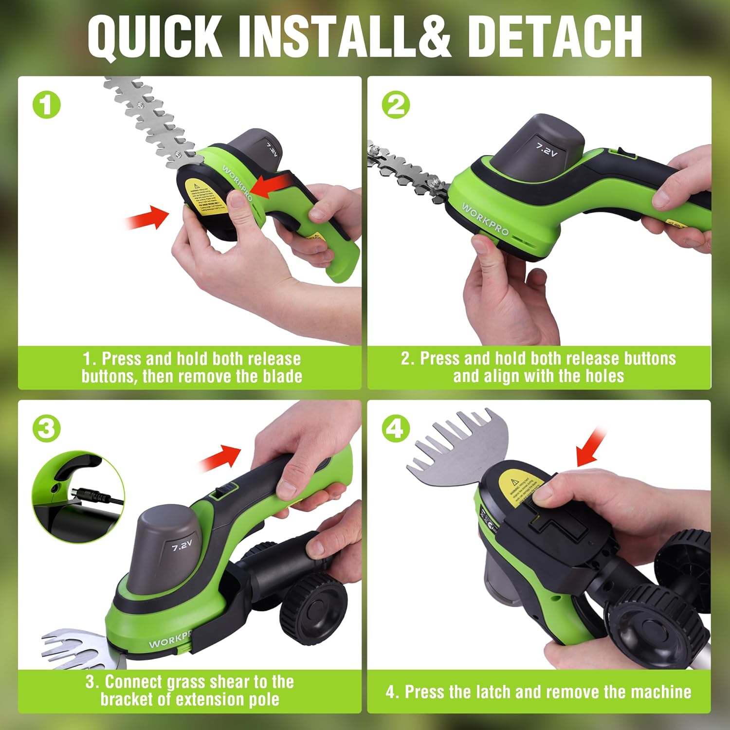 WORKPRO 7.2V Handheld Grass Trimmer, 2-in-1 Cordless Hedge Trimmer & Grass Shears with 44.5” Wheeled Extension Pole, 2Ah Battery, Shrub Trimmer for Lawn Edging, Garden, Yard & Hedge Trimming - Image 7