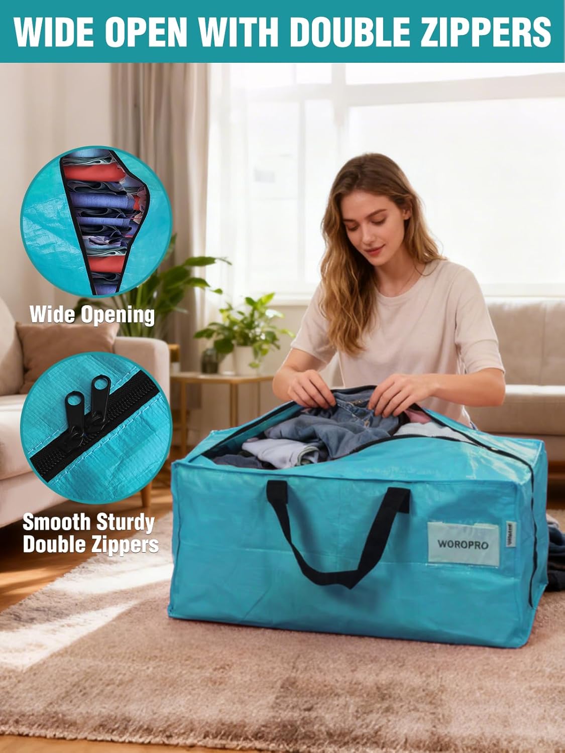 WORKPRO 8 Pack Extra Large Moving Bags with Zippers & Carrying Handles Backpack Straps, Heavy-Duty Storage Tote for Space Saving Moving Storage (Blue) - Image 6