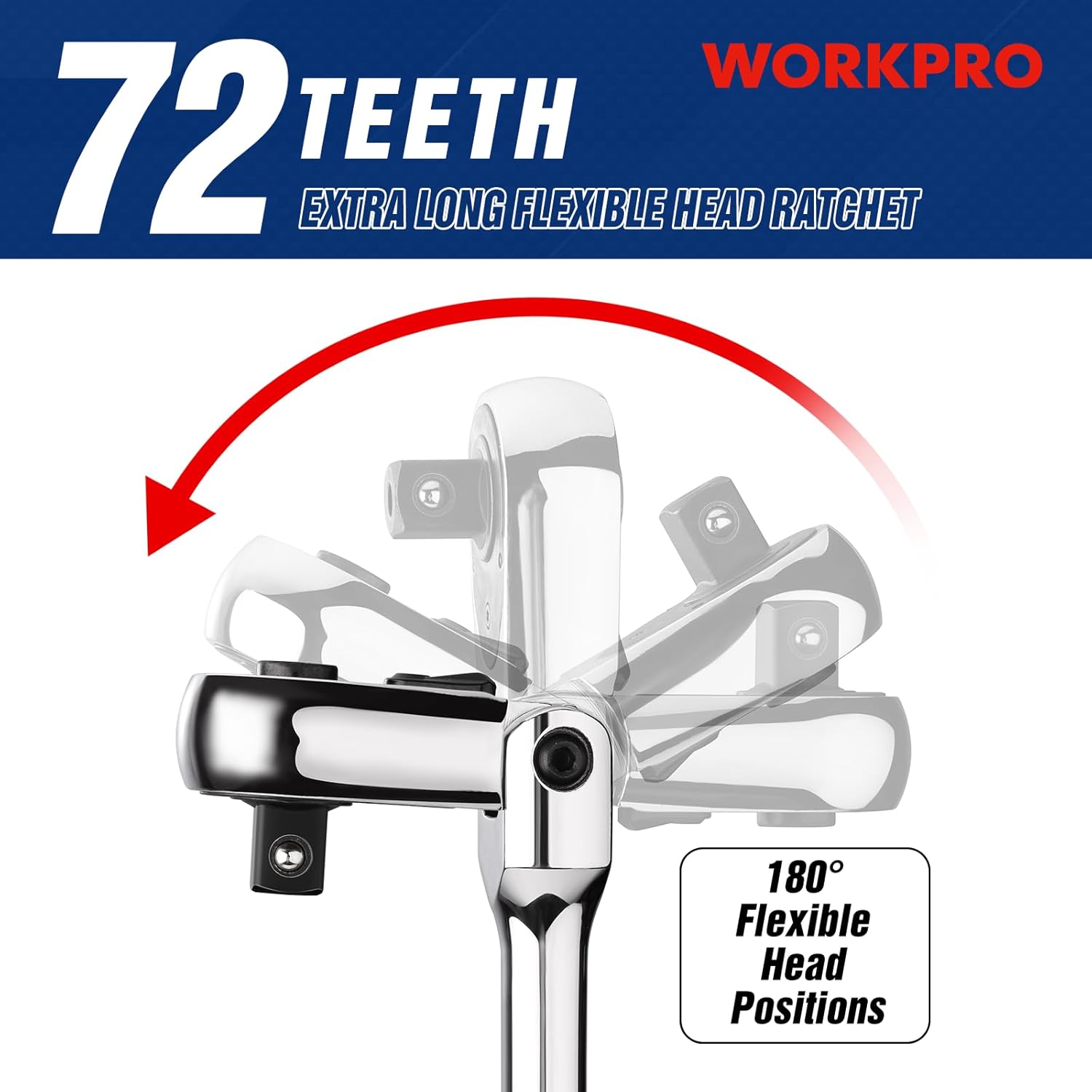WORKPRO 1/2 inch Drive Extra Long Flex Head Ratchet, 24 Inch Long CR-V Steel Ratchet Handle with Chromium Plating, CR-MO Head, Quick Release Reversible Design, 72-Tooth - Image 4