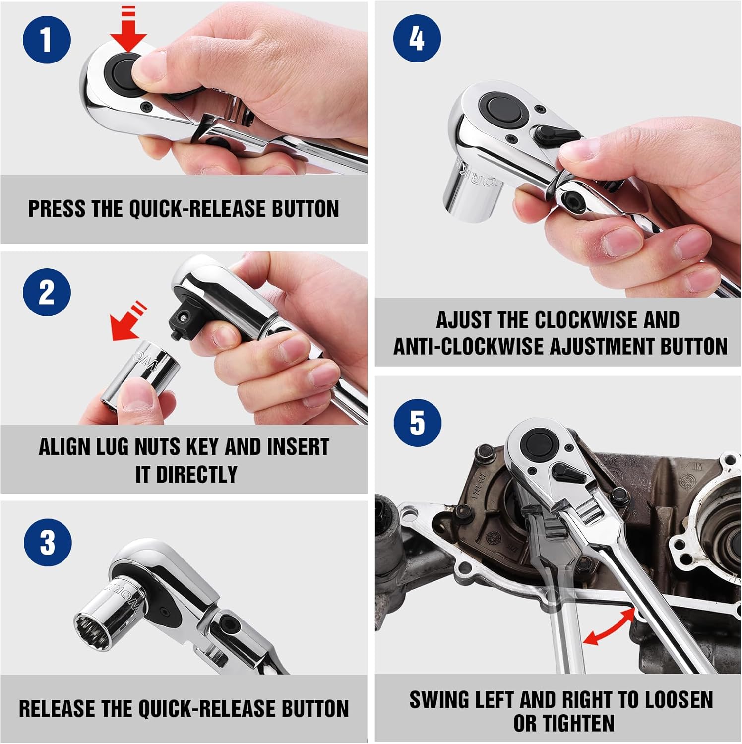 WORKPRO 1/2 inch Drive Extra Long Flex Head Ratchet, 24 Inch Long CR-V Steel Ratchet Handle with Chromium Plating, CR-MO Head, Quick Release Reversible Design, 72-Tooth - Image 6