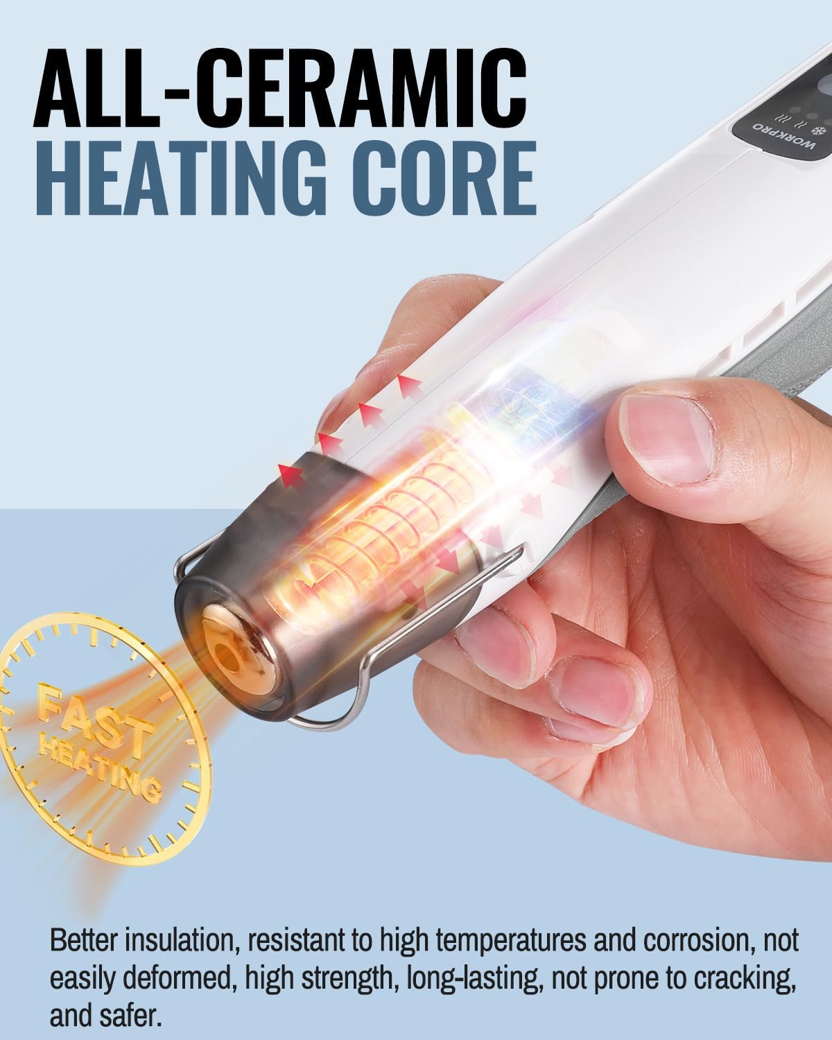 WORKPRO 7.2V Mini Cordless Heat Gun, 680℉ Hot Air Gun with Reflector Nozzle, 3 Temp Settings - Cool Air, 302℉/680℉, Fully Ceramic Heating Core for Halloween Crafts & DIY Embossing - Image 4